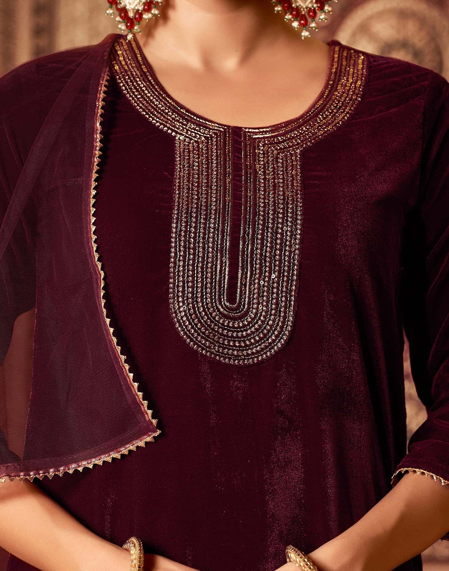 Velvet Sequins, Embroidery and Gota Lace Straight Kurta with Pant & Dupatta