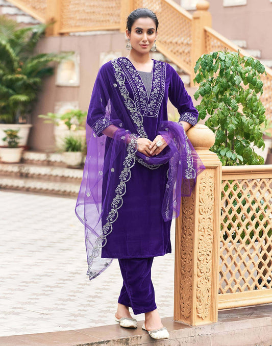 Velvet Sequins, Embroidery and Embroidery Lace Straight Kurta with Pant & Dupatta