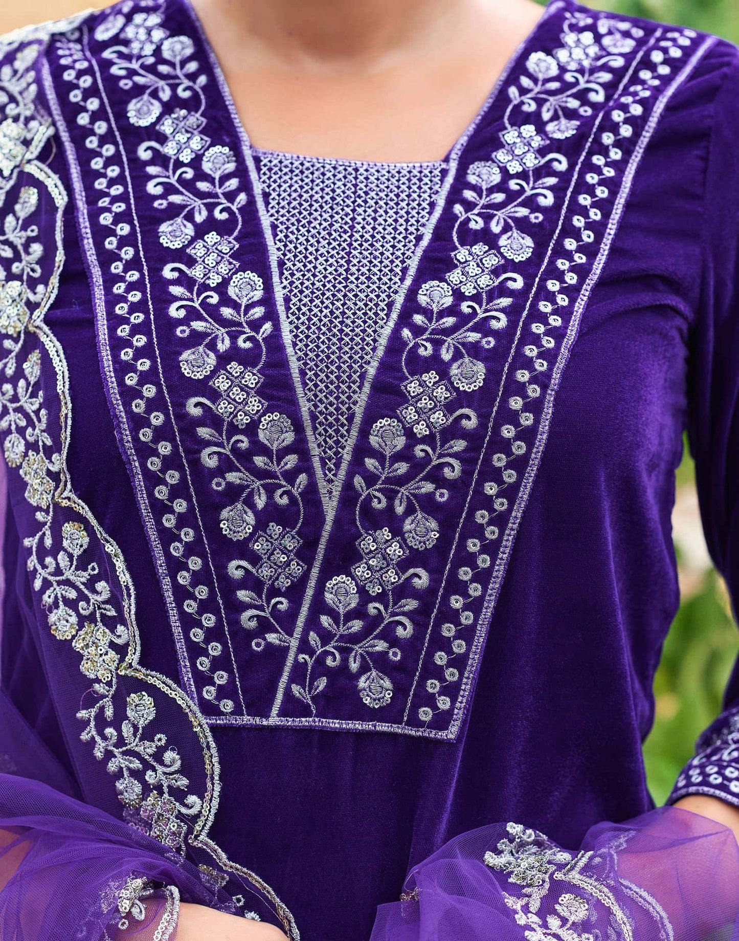 Velvet Sequins, Embroidery and Embroidery Lace Straight Kurta with Pant & Dupatta