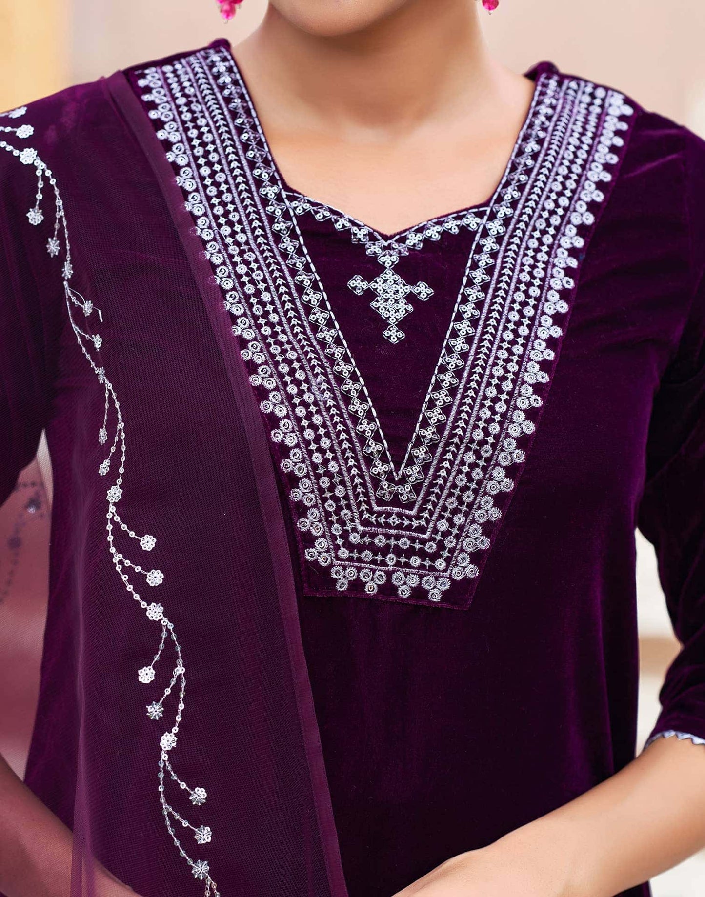 Velvet Sequins, Embroidery and Gota Lace Straight Kurta with Pant & Dupatta