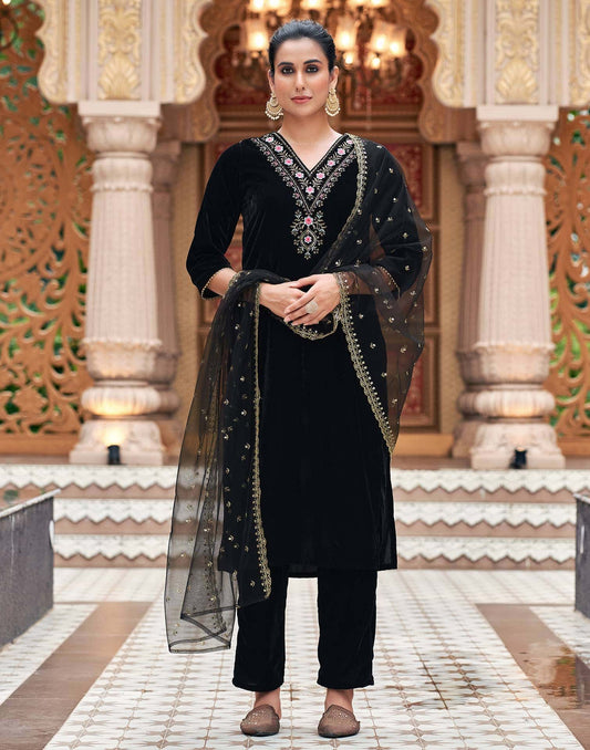 Velvet Sequins, Embroidery and Gota Lace Straight Kurta with Pant & Dupatta
