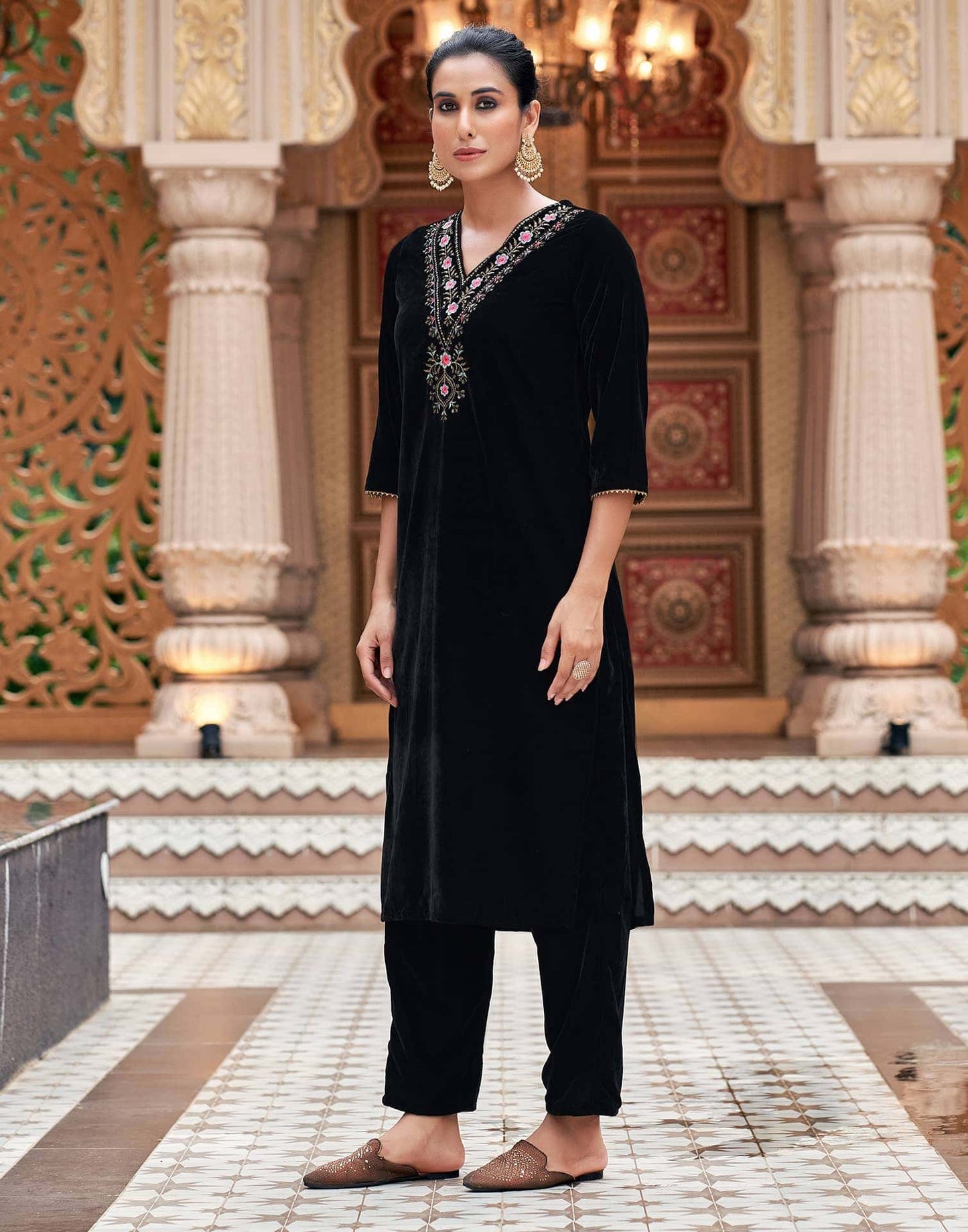 Velvet Sequins, Embroidery and Gota Lace Straight Kurta with Pant & Dupatta