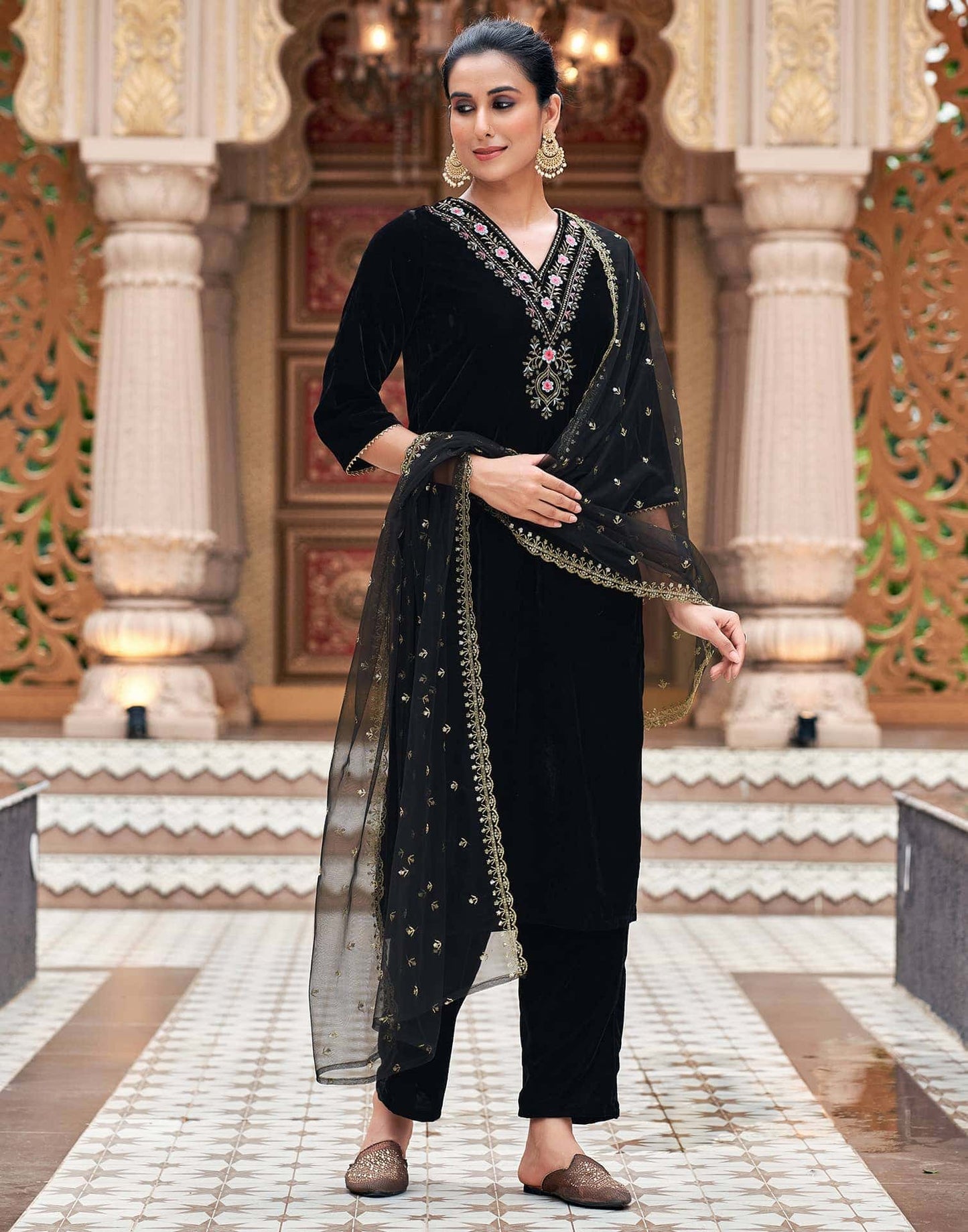 Velvet Sequins, Embroidery and Gota Lace Straight Kurta with Pant & Dupatta