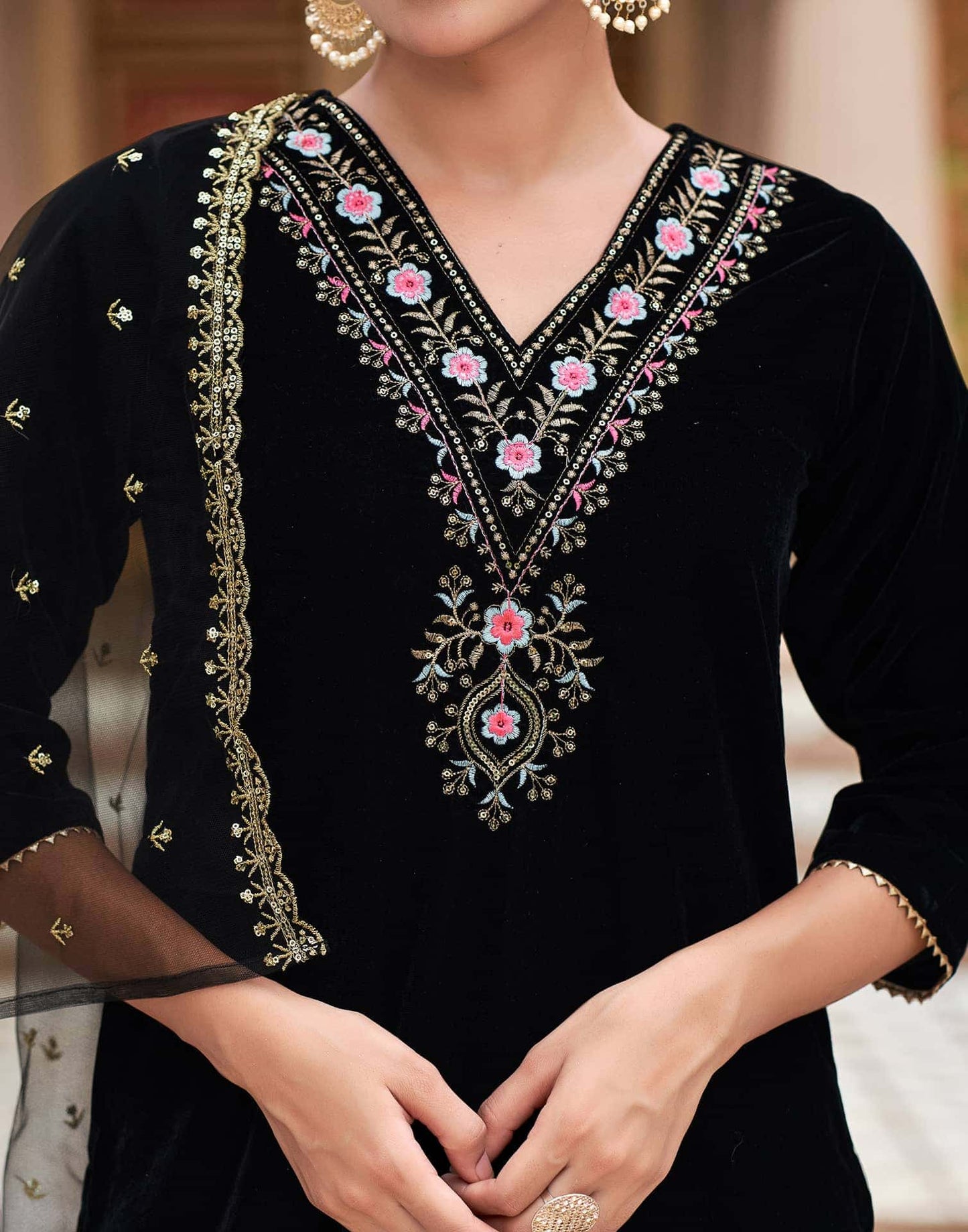 Velvet Sequins, Embroidery and Gota Lace Straight Kurta with Pant & Dupatta