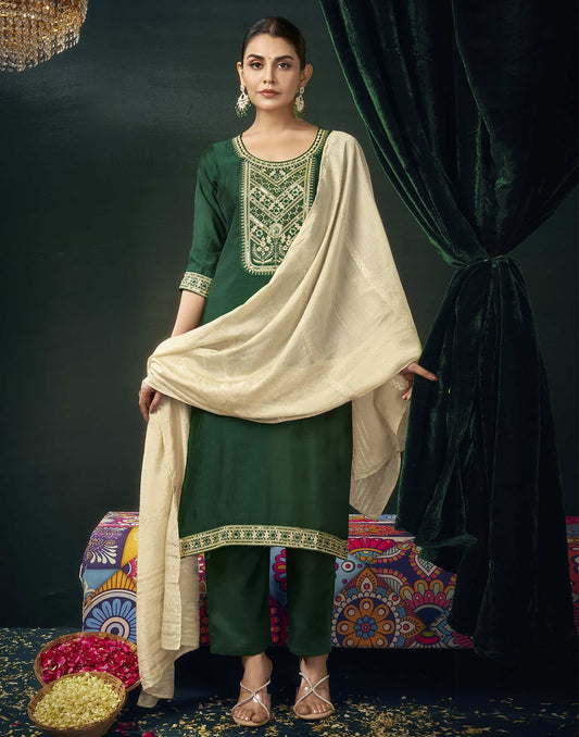 Silk Blend Embroidered Straight Kurta with Pant & Dupatta