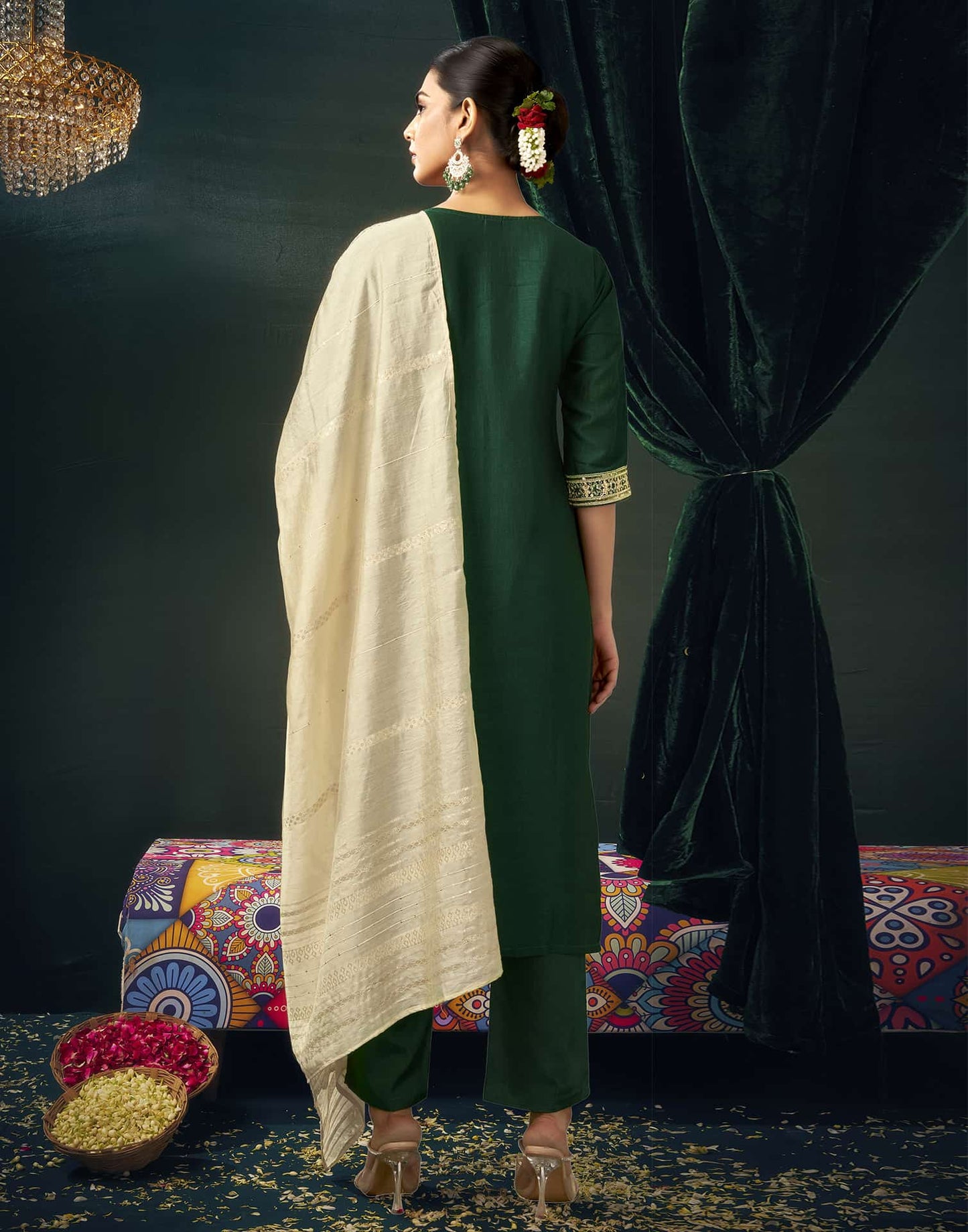 Silk Blend Embroidered Straight Kurta with Pant & Dupatta