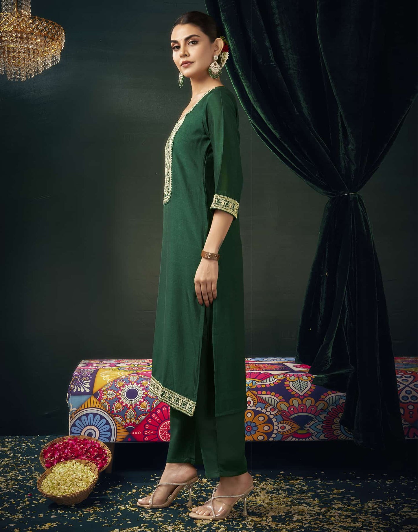 Silk Blend Embroidered Straight Kurta with Pant & Dupatta