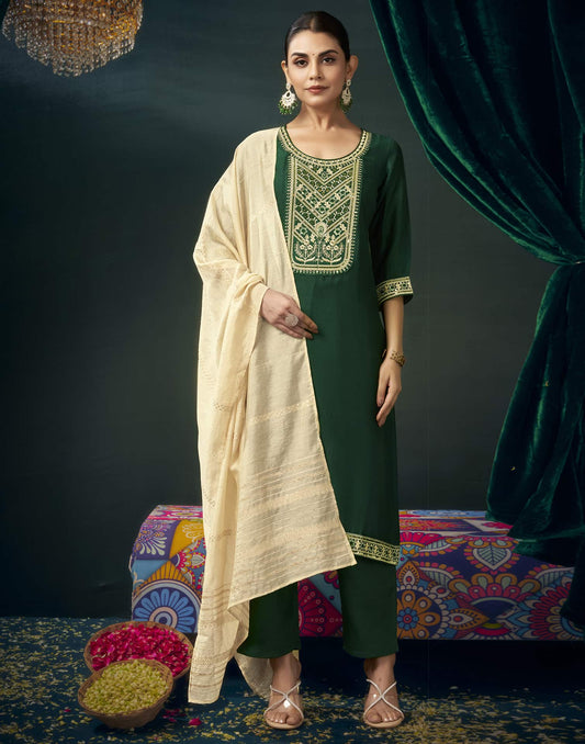 Silk Blend Embroidered Straight Kurta with Pant & Dupatta