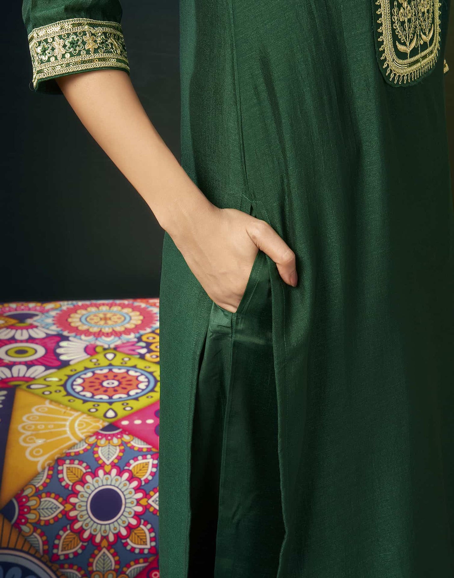 Silk Blend Embroidered Straight Kurta with Pant & Dupatta