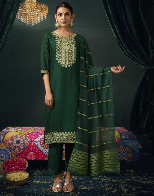 Silk Blend Embroidered Straight Kurta with Pant & Dupatta