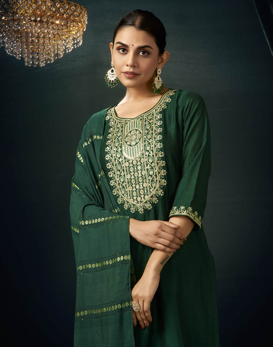 Silk Blend Embroidered Straight Kurta with Pant & Dupatta