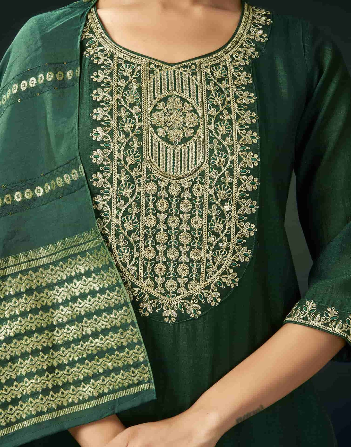 Silk Blend Embroidered Straight Kurta with Pant & Dupatta