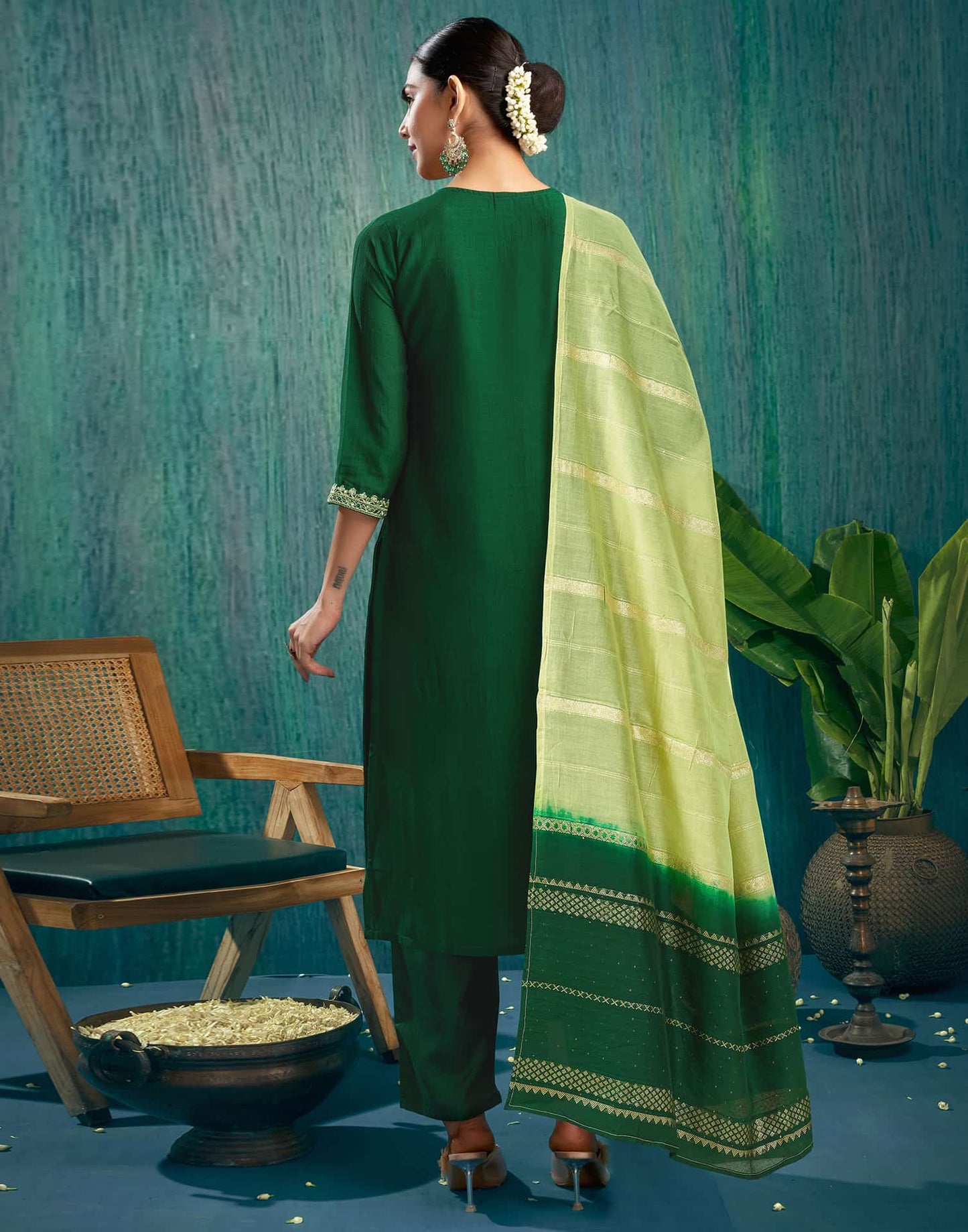 Silk Blend Embroidered Straight Kurta with Pant & Dupatta