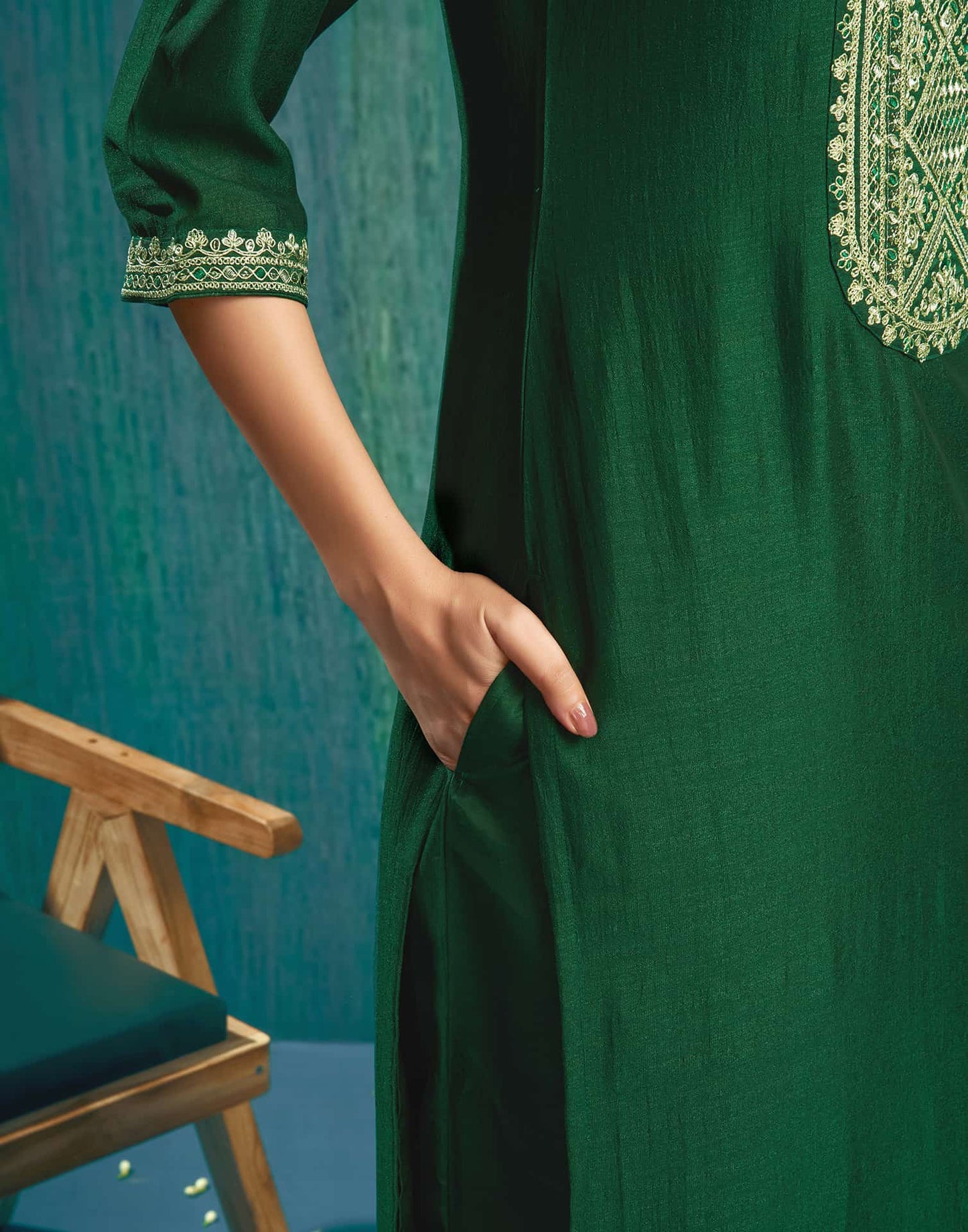 Silk Blend Embroidered Straight Kurta with Pant & Dupatta