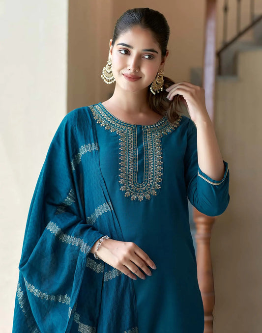Cotton Blend Embroidery and Lace Straight Kurta with Pant & Dupatta