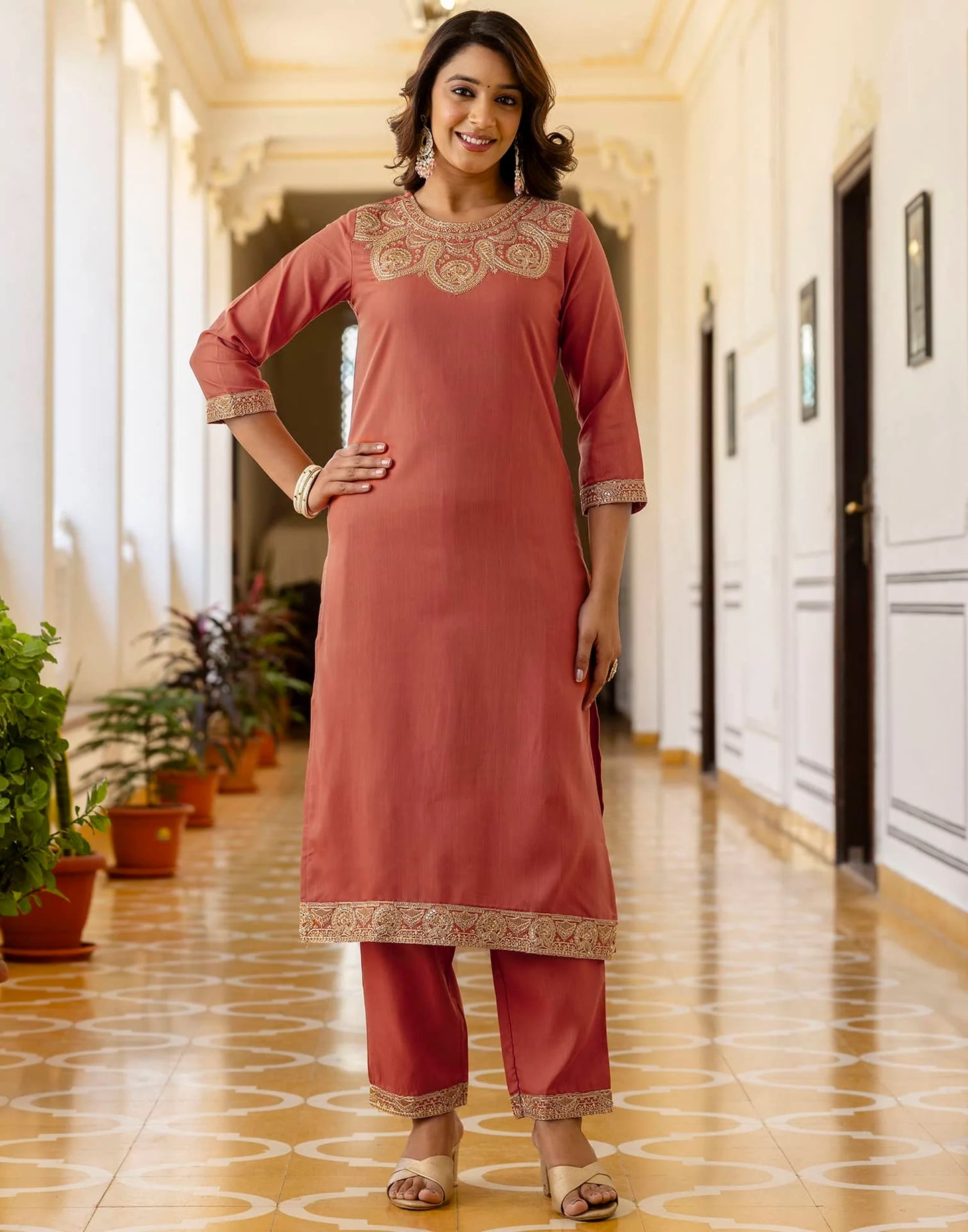 Cotton Blend Sequence, Embroidery and Lace Straight Kurta with Pant & Dupatta
