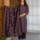 Dark Purple Silk Floral Printed V Neck 3/4 Sleeve Straight Kurta Set With Pant & Dupatta