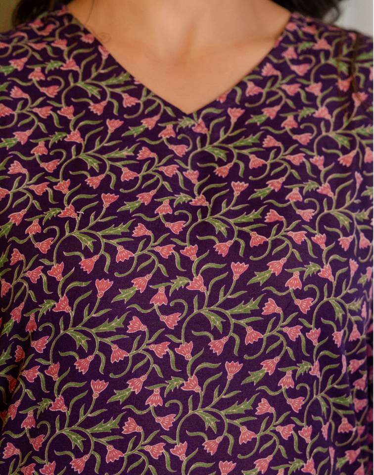 Dark Purple Silk Floral Printed V Neck 3/4 Sleeve Straight Kurta Set With Pant & Dupatta