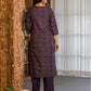 Dark Purple Silk Floral Printed V Neck 3/4 Sleeve Straight Kurta Set With Pant & Dupatta