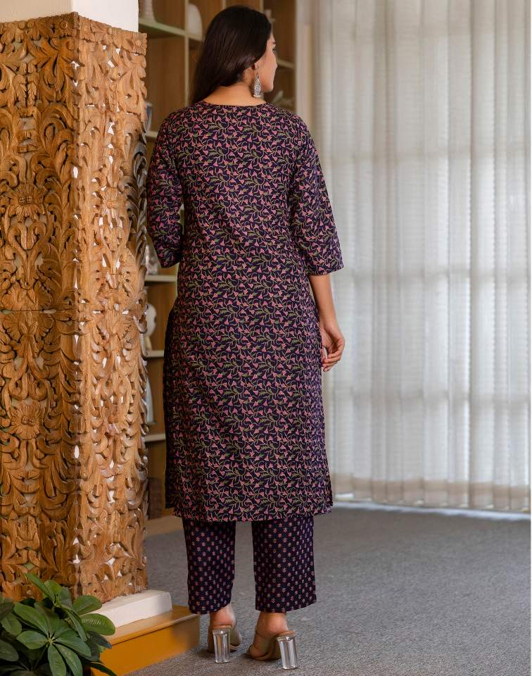 Dark Purple Silk Floral Printed V Neck 3/4 Sleeve Straight Kurta Set With Pant & Dupatta