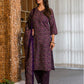 Dark Purple Silk Floral Printed V Neck 3/4 Sleeve Straight Kurta Set With Pant & Dupatta