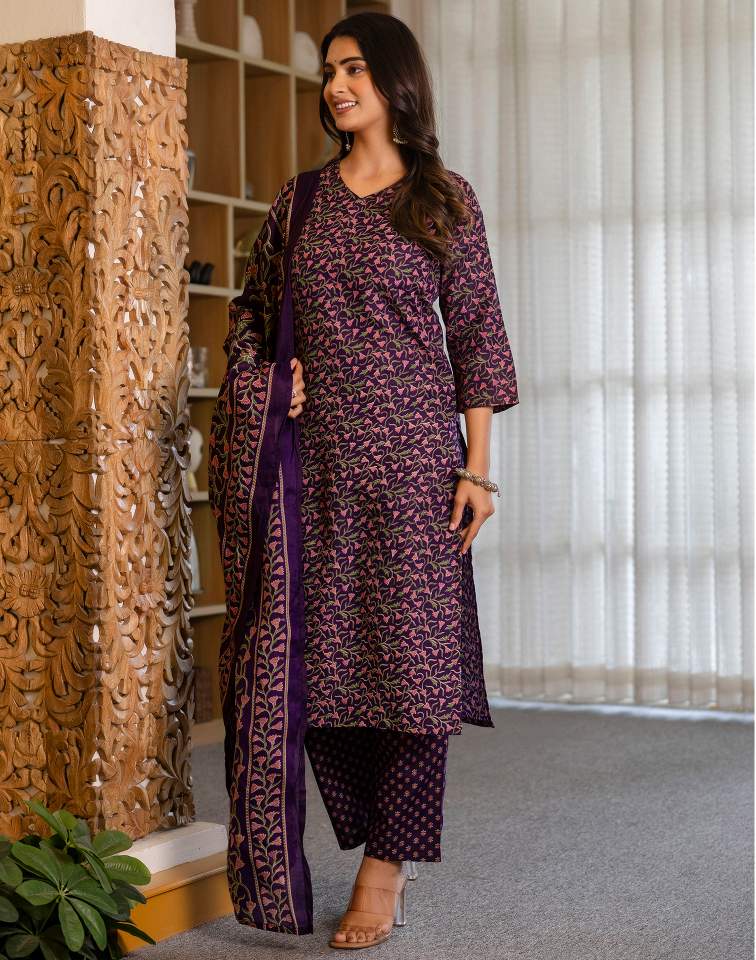Dark Purple Silk Floral Printed V Neck 3/4 Sleeve Straight Kurta Set With Pant & Dupatta