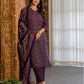 Dark Purple Silk Floral Printed V Neck 3/4 Sleeve Straight Kurta Set With Pant & Dupatta