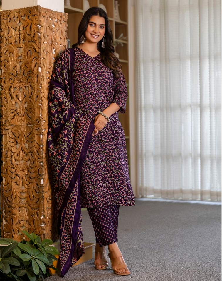 Dark Purple Silk Floral Printed V Neck 3/4 Sleeve Straight Kurta Set With Pant & Dupatta