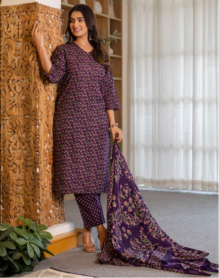 Dark Purple Silk Floral Printed V Neck 3/4 Sleeve Straight Kurta Set With Pant & Dupatta
