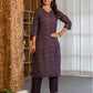 Dark Purple Silk Floral Printed V Neck 3/4 Sleeve Straight Kurta Set With Pant & Dupatta