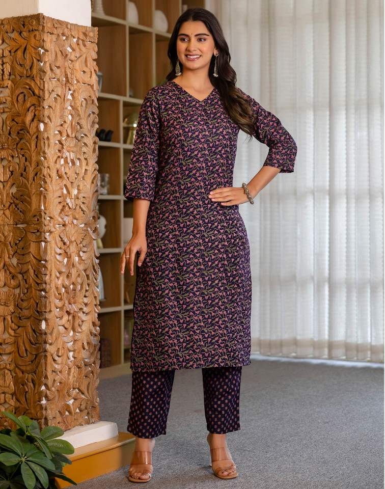 Dark Purple Silk Floral Printed V Neck 3/4 Sleeve Straight Kurta Set With Pant & Dupatta