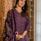 Dark Purple Silk Floral Printed V Neck 3/4 Sleeve Straight Kurta Set With Pant & Dupatta