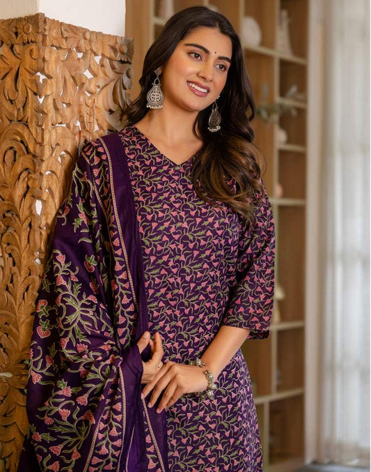 Dark Purple Silk Floral Printed V Neck 3/4 Sleeve Straight Kurta Set With Pant & Dupatta