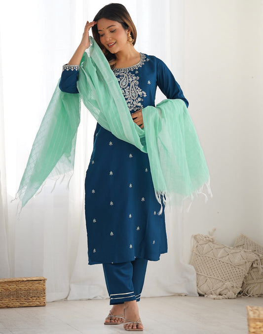Cotton Blend Sequence, Embroidery and Lace Straight Kurta with Pant & Dupatta