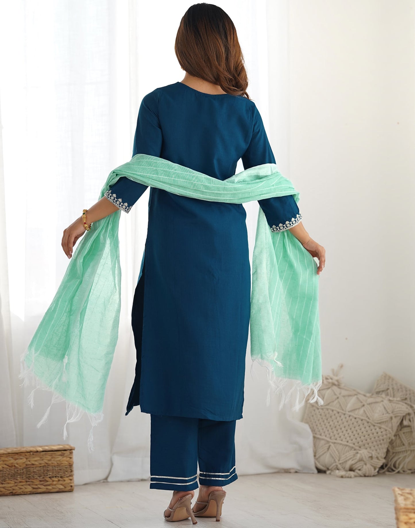 Cotton Blend Sequence, Embroidery and Lace Straight Kurta with Pant & Dupatta