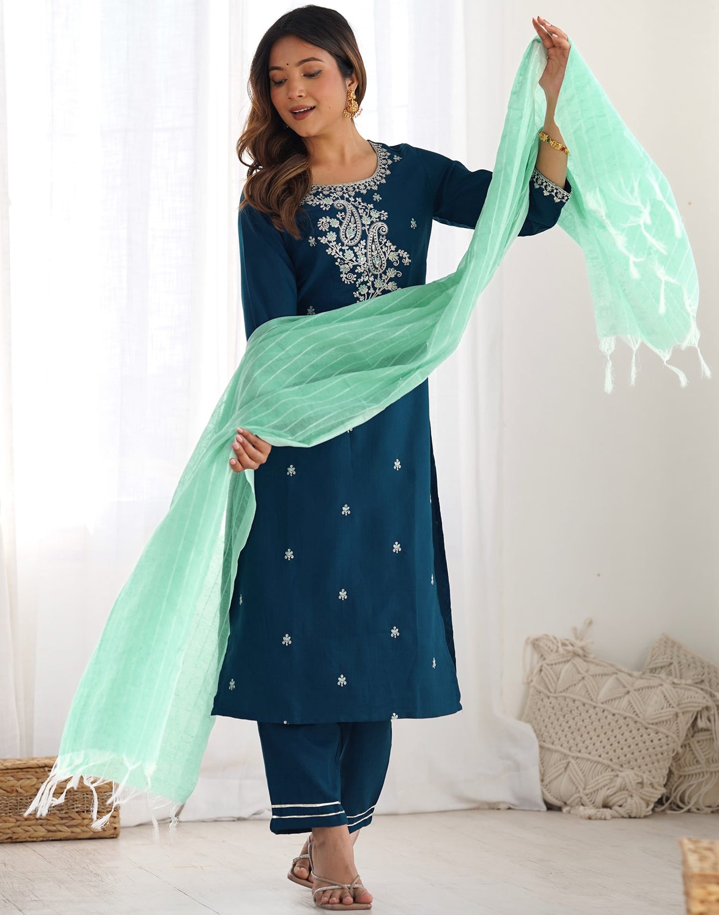 Cotton Blend Sequence, Embroidery and Lace Straight Kurta with Pant & Dupatta