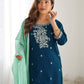 Cotton Blend Sequence, Embroidery and Lace Straight Kurta with Pant & Dupatta