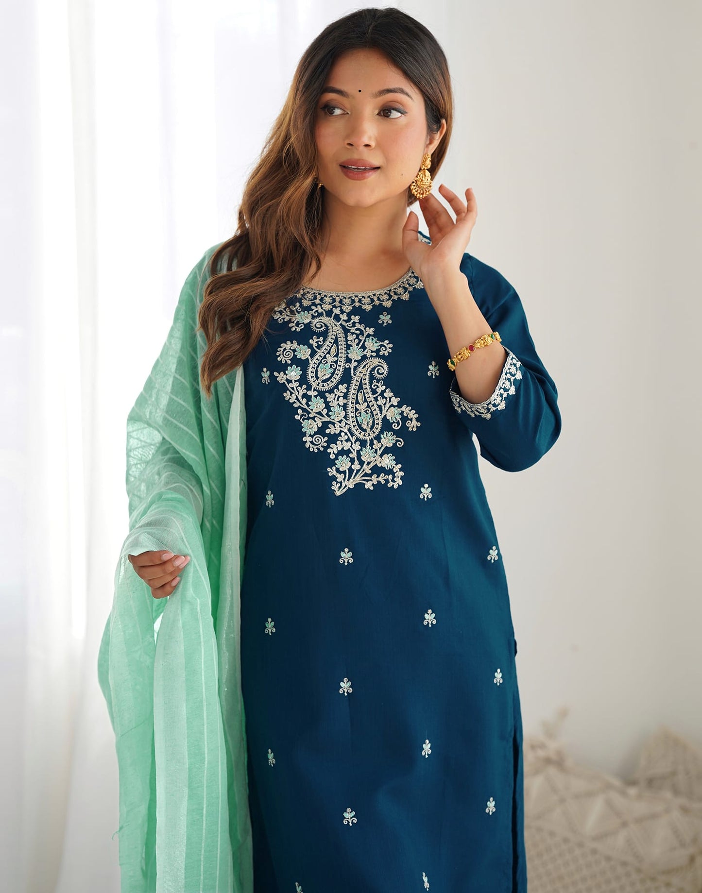 Cotton Blend Sequence, Embroidery and Lace Straight Kurta with Pant & Dupatta