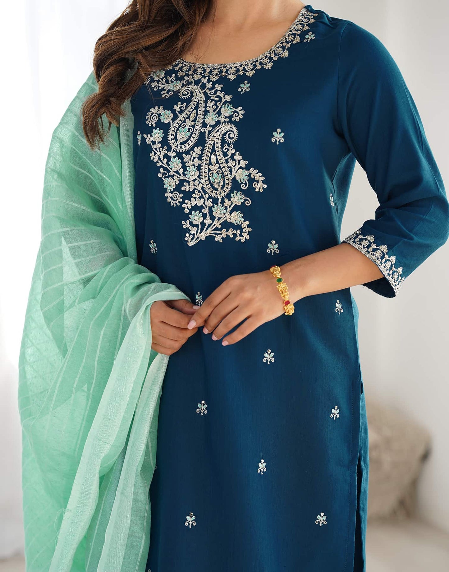 Cotton Blend Sequence, Embroidery and Lace Straight Kurta with Pant & Dupatta