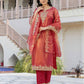 Rani Pink Silk Embroidered Sweetheart Neck 3/4 Sleeve Straight Kurta Set With Pant & Dupatta