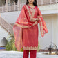 Rani Pink Silk Embroidered Sweetheart Neck 3/4 Sleeve Straight Kurta Set With Pant & Dupatta
