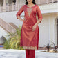 Rani Pink Silk Embroidered Sweetheart Neck 3/4 Sleeve Straight Kurta Set With Pant & Dupatta