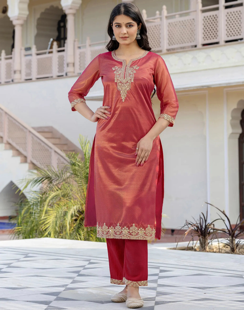 Shimmer Net Embroidered Straight 3 Piece Kurta Set
