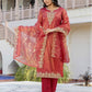 Rani Pink Silk Embroidered Sweetheart Neck 3/4 Sleeve Straight Kurta Set With Pant & Dupatta