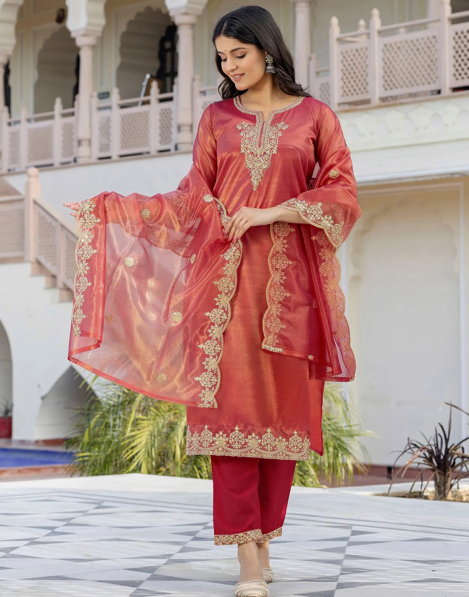 Shimmer Net Embroidered Straight 3 Piece Kurta Set