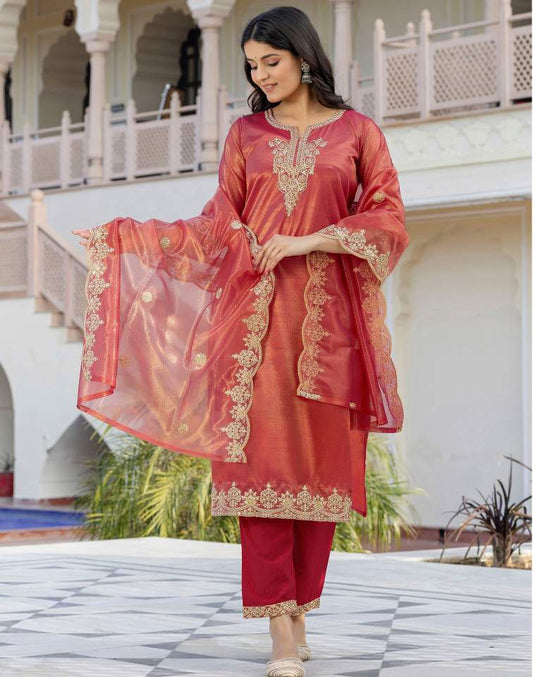 Rani Pink Silk Embroidered Sweetheart Neck 3/4 Sleeve Straight Kurta Set With Pant & Dupatta