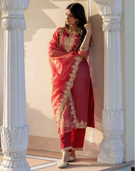 Rani Pink Silk Embroidered Sweetheart Neck 3/4 Sleeve Straight Kurta Set With Pant & Dupatta