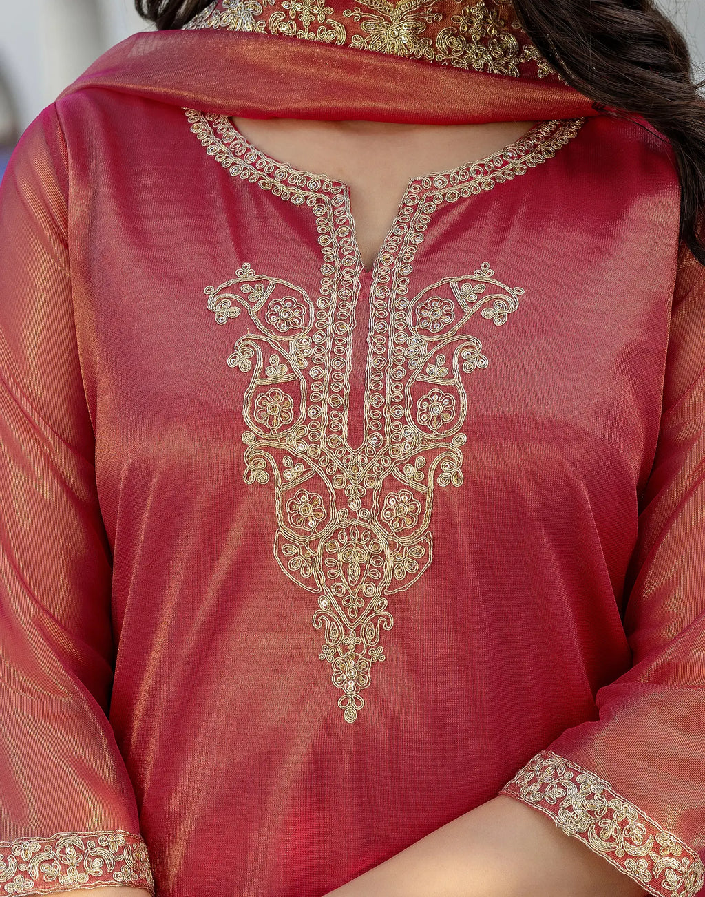 Shimmer Net Embroidered Straight 3 Piece Kurta Set