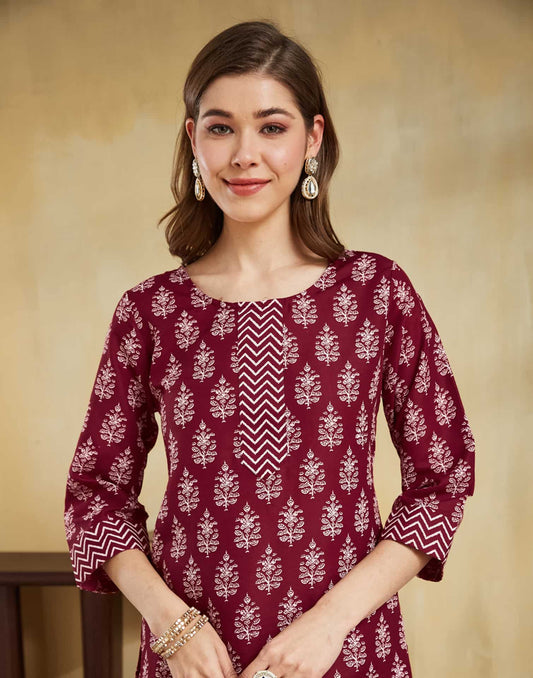 Cotton Blend Printed and Printed Lace Straight Kurta with Pant & Dupatta