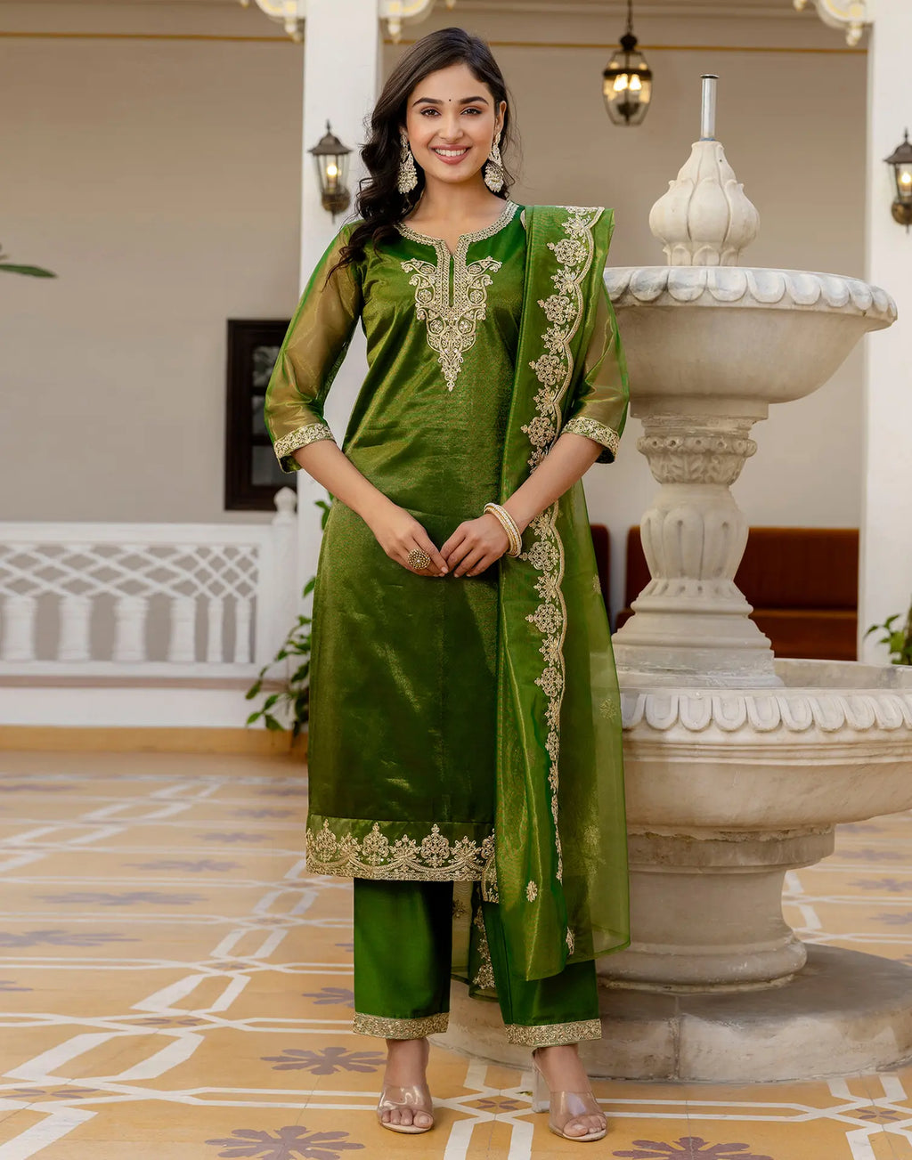 Shimmer Net Embroidered Straight 3 Piece Kurta Set